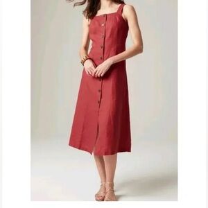 J Jill love linen cape cod red Button-Front Midi Dress thick straps m petite